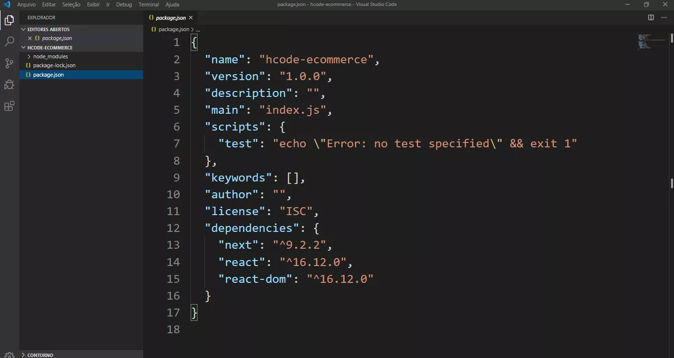 Exemplo de arquivo package.json no Visual Studio Code