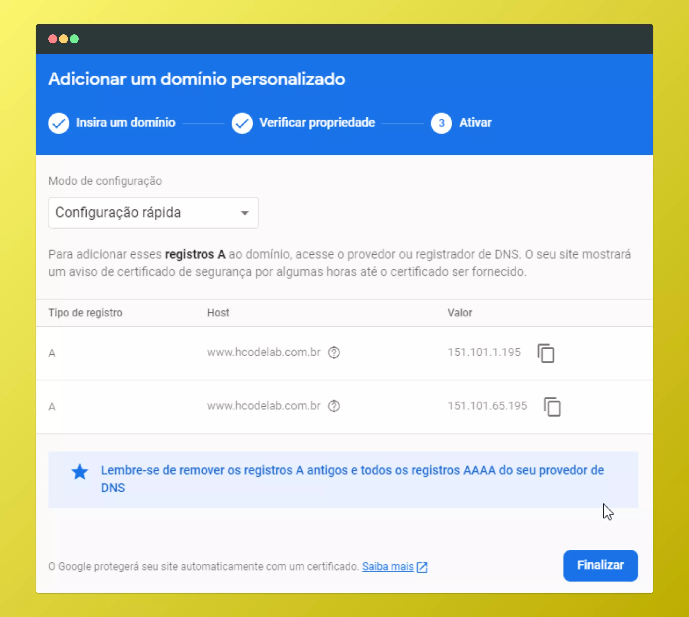 Página da última etapa para adicionar um domínio personalizado