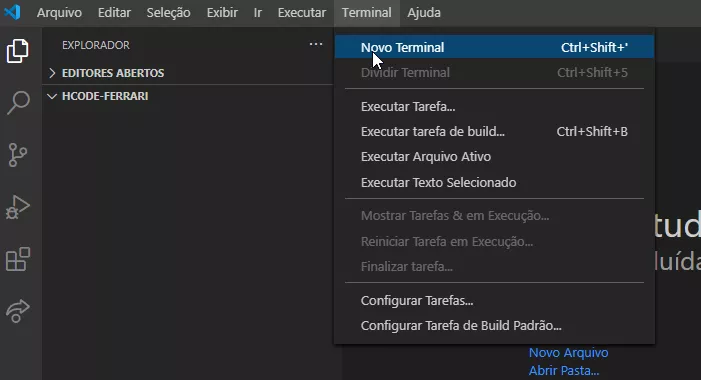 Opção para abrir um novo Terminal no VS Code