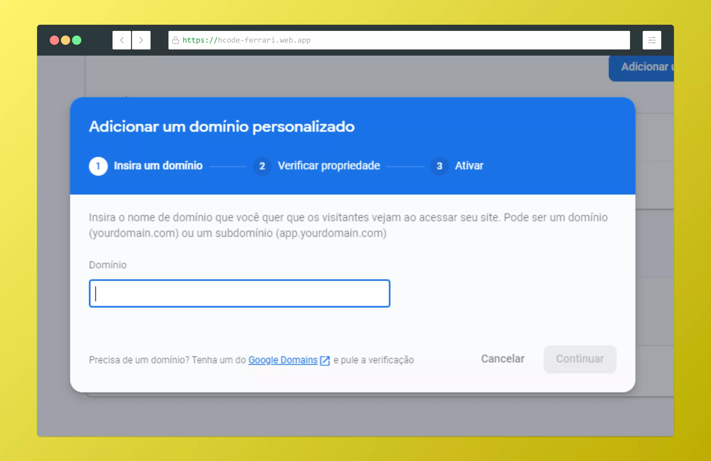 Opção de inserir o domínio personalizado