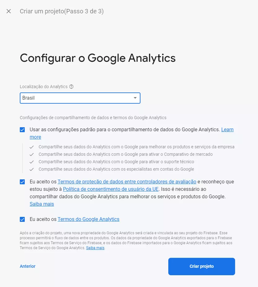 Caso aceite os termos clique nas opções e escolha o País do Google Analytics.