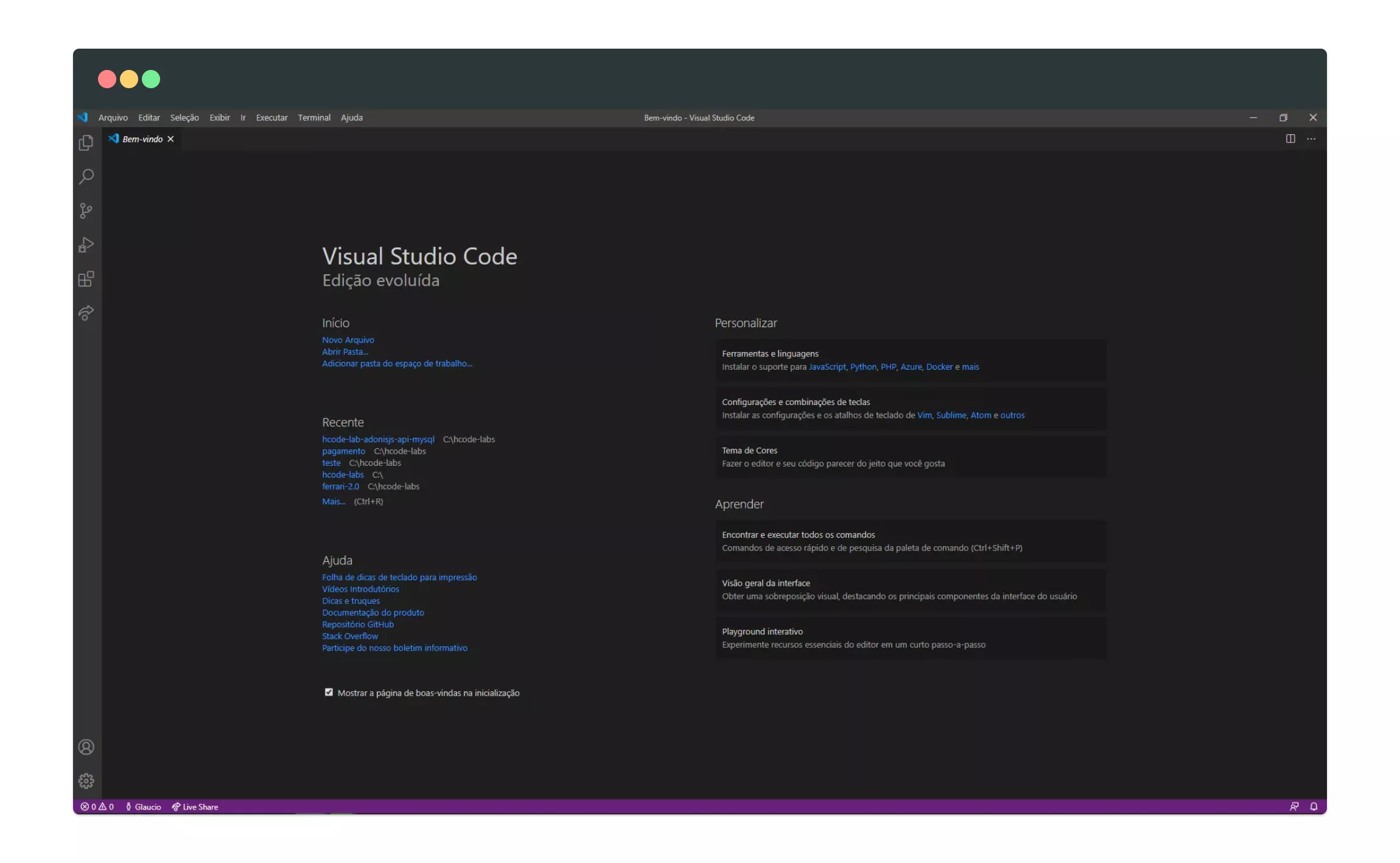 Página inicial do Visual Studio Code