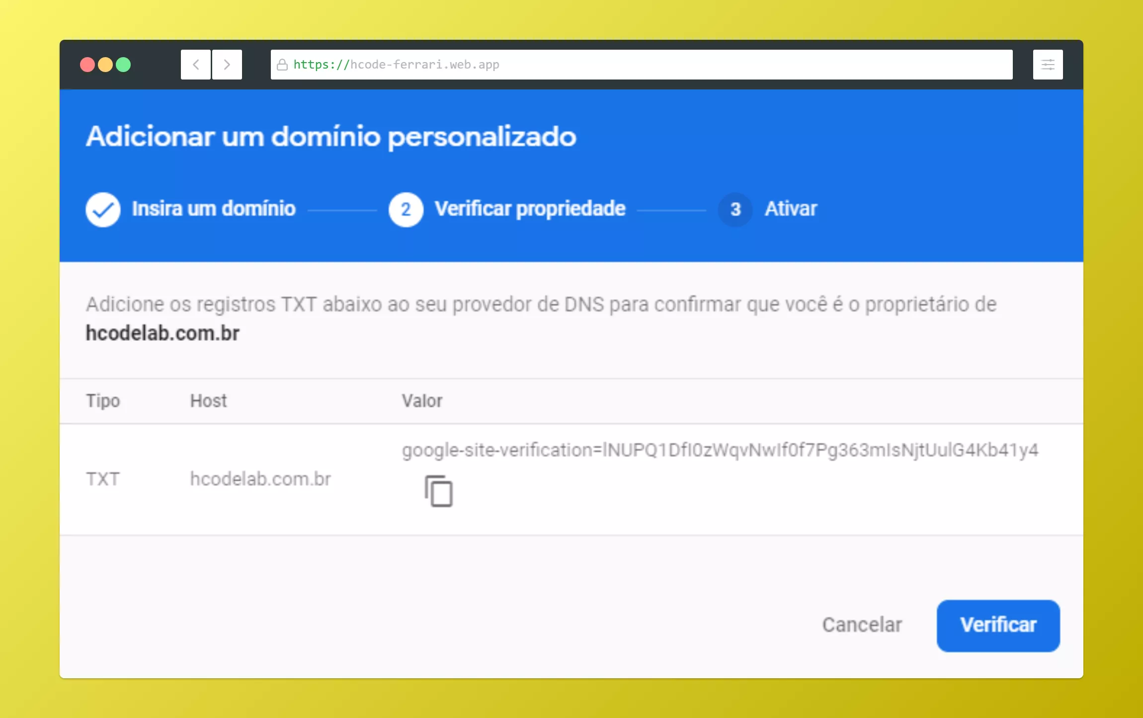 Segundo passo para adição de domínio personalizado