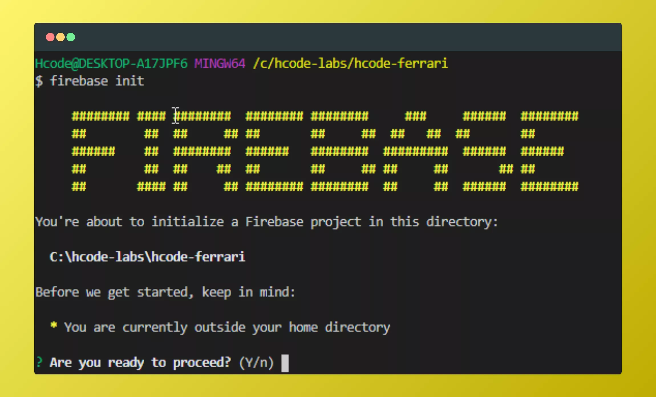 Terminal para iniciar um novo projeto Firebase