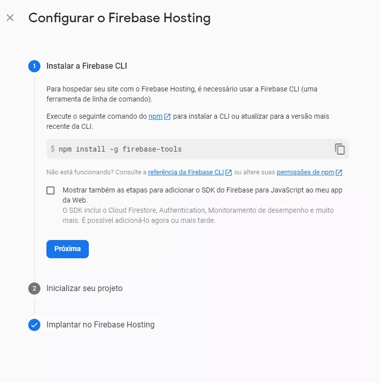 Página para baixar o Firebase CLI