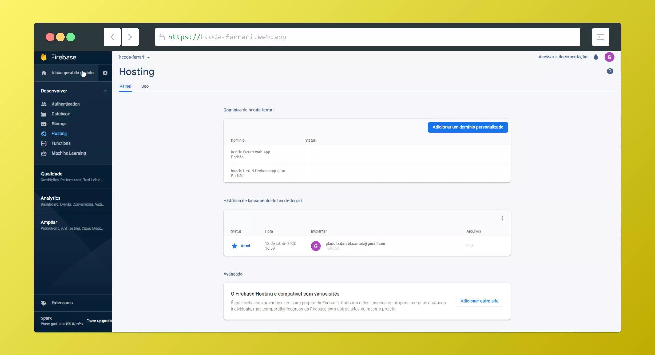 Página do console do Firebase Hosting