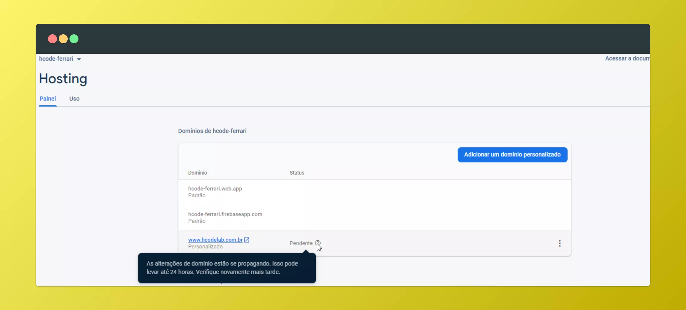 Console do Firebase Hosting