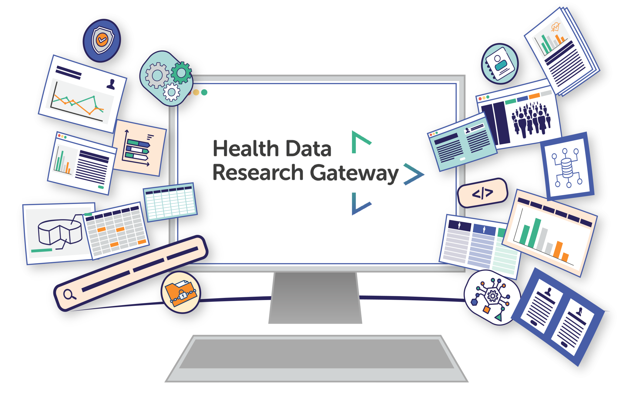 artistic rendering of a computer screen and keyboard with many images coming out of the computer screen related to health and data