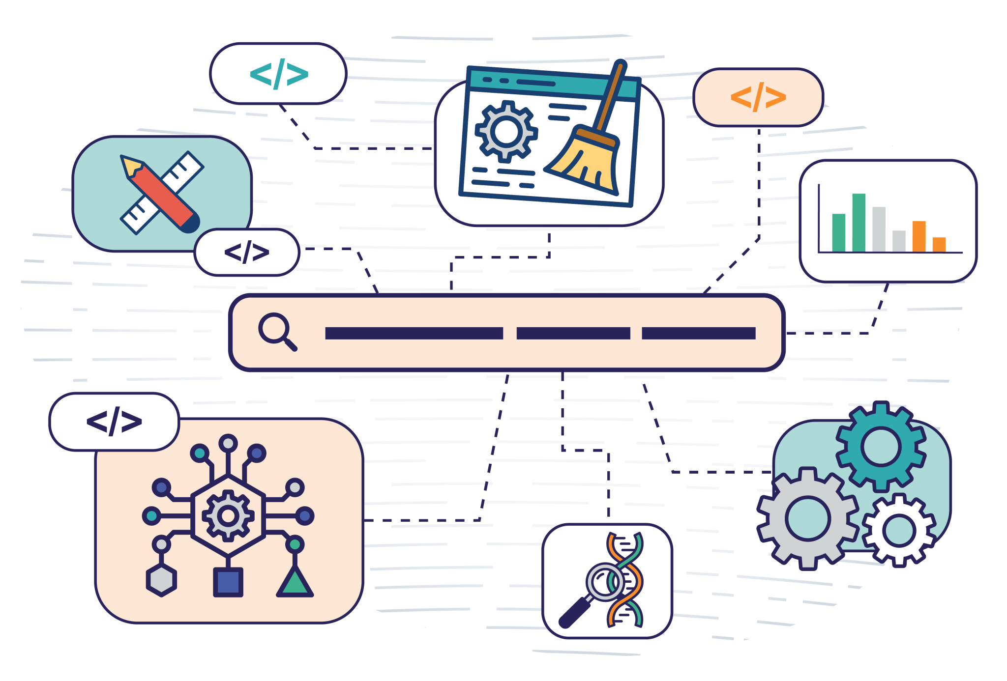 artistic rendering of a search bar with lots of icons connected to it which represent tools and cogs