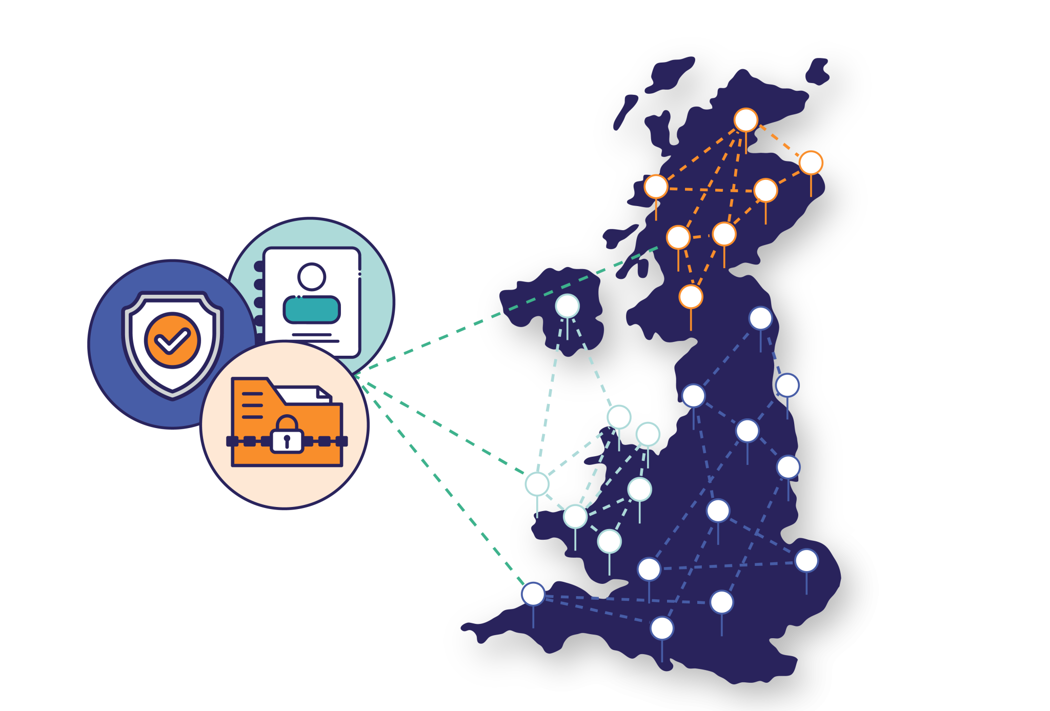 artistic rendering of a map of the United Kingdom with connections between different points on the map and icons representing security, information and records