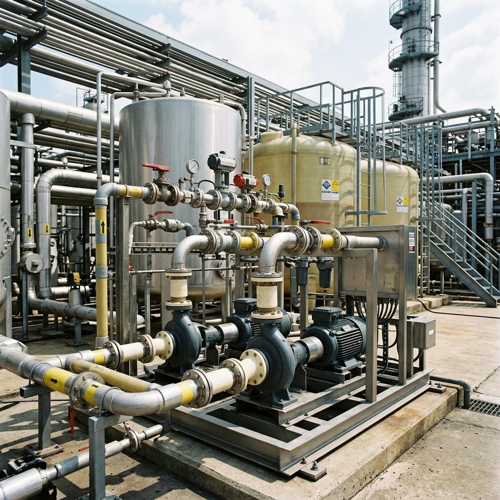 Chemical processing plant with PTFE-lined pumps and chemical transfer skid