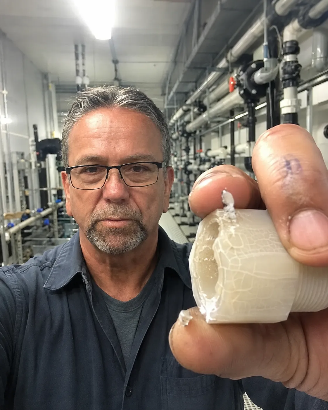 Chemically degraded PVDF fitting held in hand in a sub-fab piping corridor