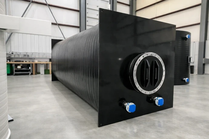 Houston PolyTank patented rectangular extrusion-wound tank in warehouse, official product photo