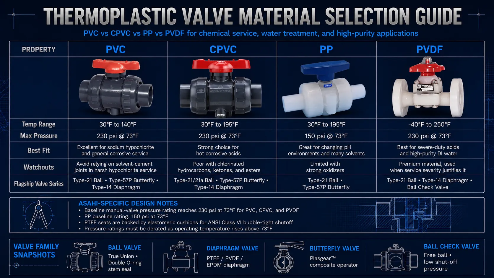 Asahi America thermoplastic valve material selection guide comparing PVC CPVC PP and PVDF.