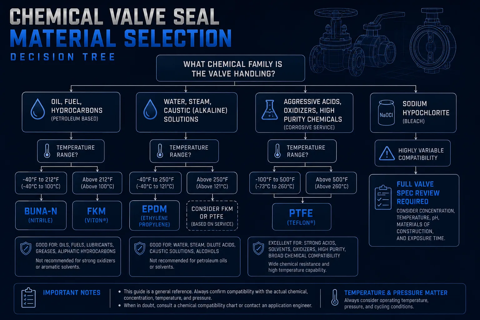Decision tree for choosing Buna-N EPDM FKM or PTFE valve seal material based on chemical family temperature and valve service.