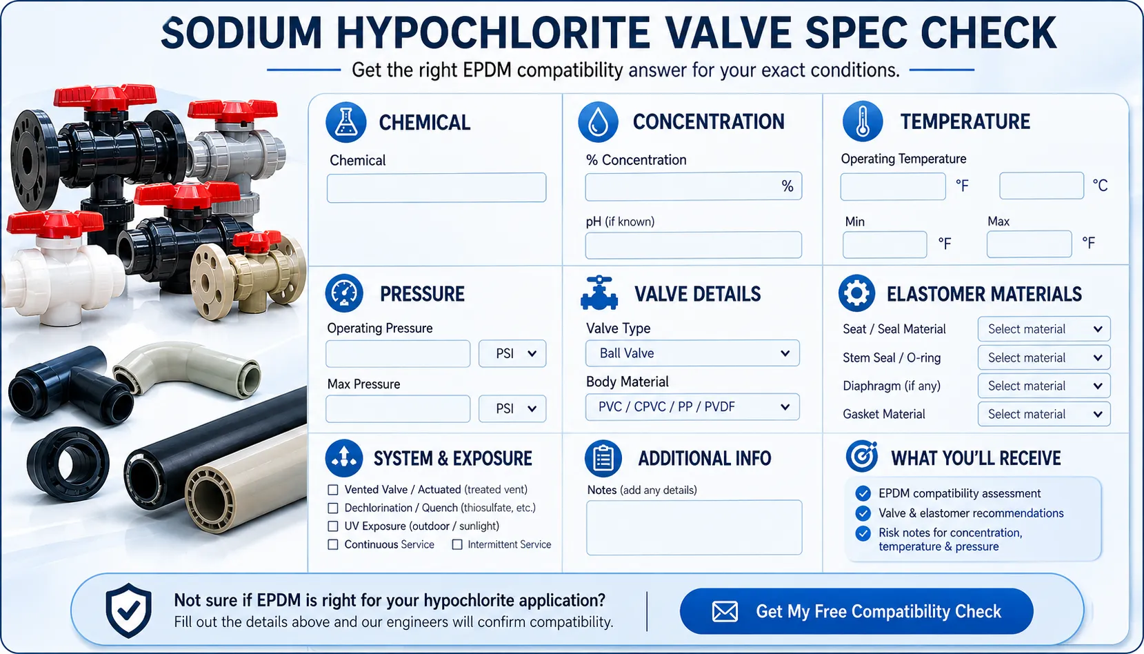 Hypochlorite valve spec check form asking for concentration temperature pressure valve type and material details.