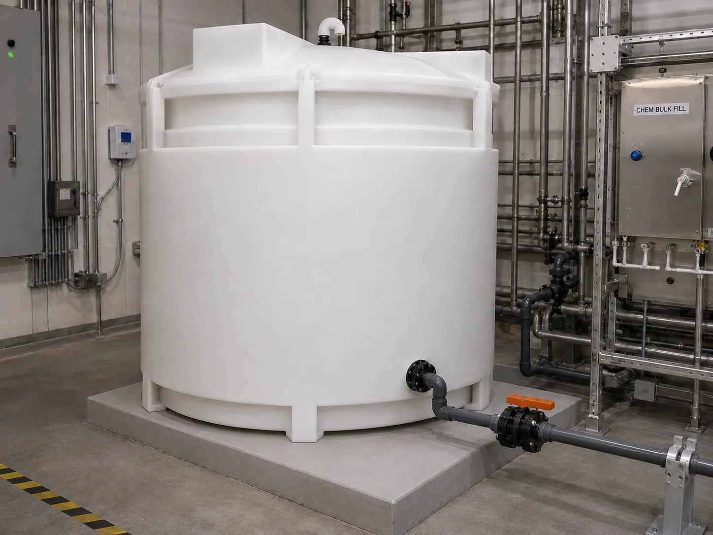 Poly Processing SAFE-Tank double-wall bulk chemical storage tank installed on a containment pad, with bulkhead outlet piping and a CHEM BULK FILL fill station