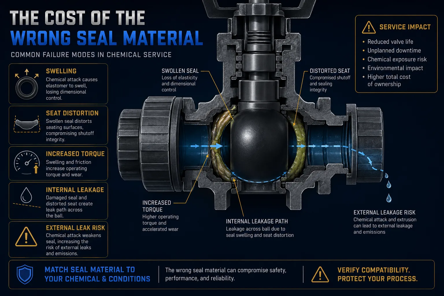 Cross-section diagram showing wrong valve seal material causing swelling seat distortion internal leakage and external chemical leak risk.