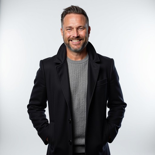 dark wool overcoat with rib-knit sweater