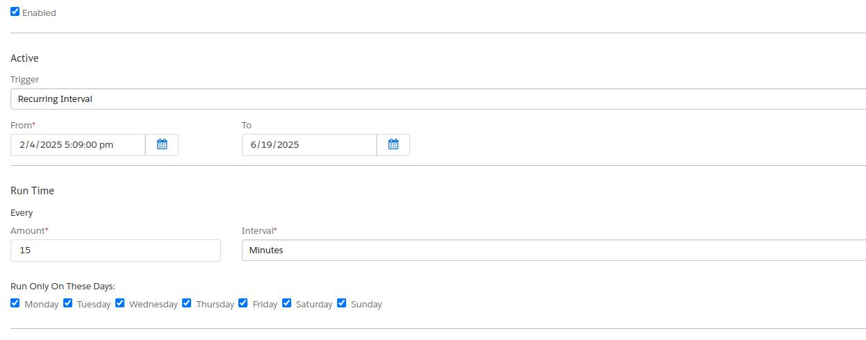 Job schedule set to every 15 minutes