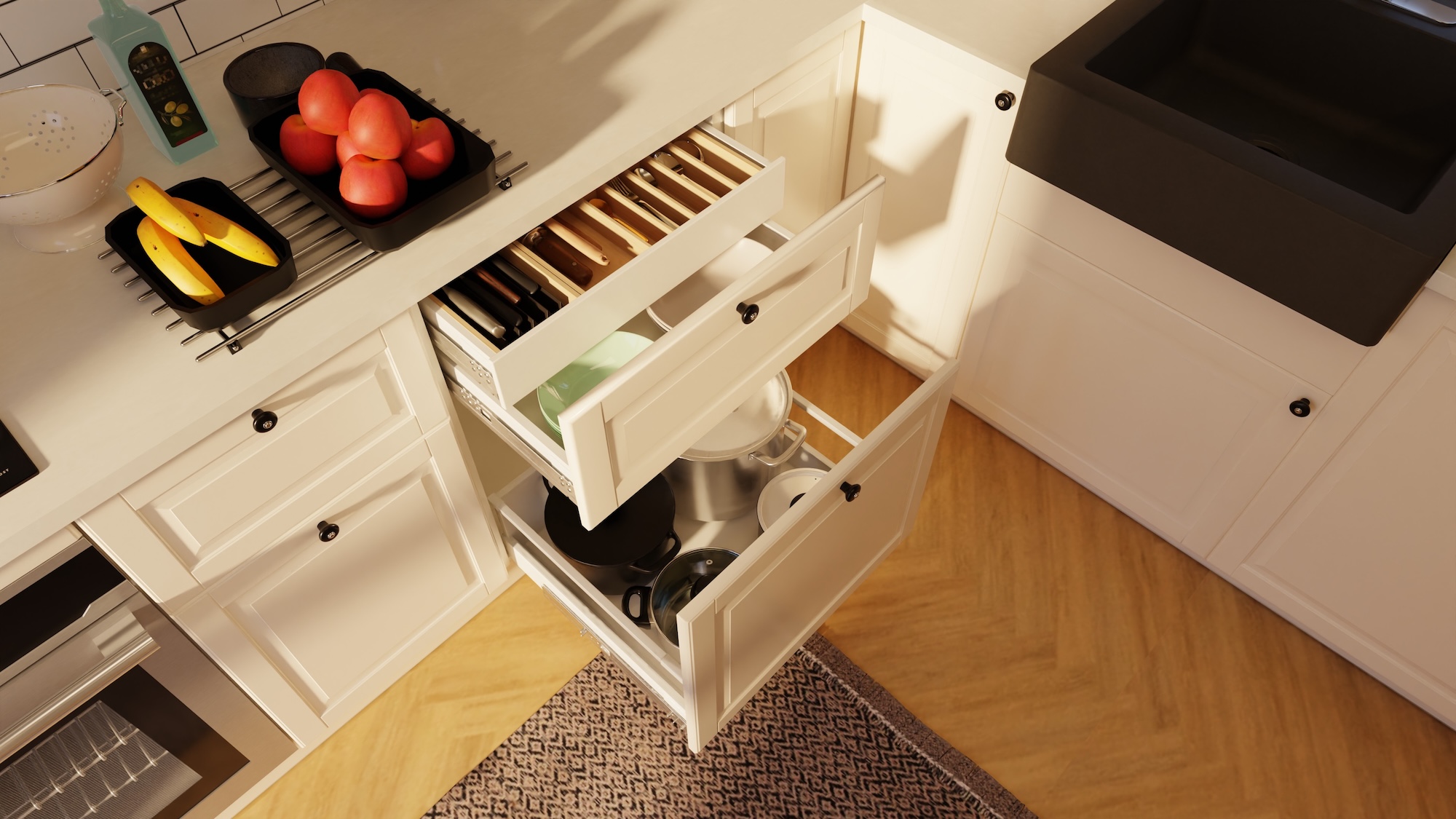 SEKTION kitchen with off-white fronts and light gray/white marble effect/glass composite worktop, including appliances, showing kitchen from 3 different angles with examples of how to utilise kitchen storage.