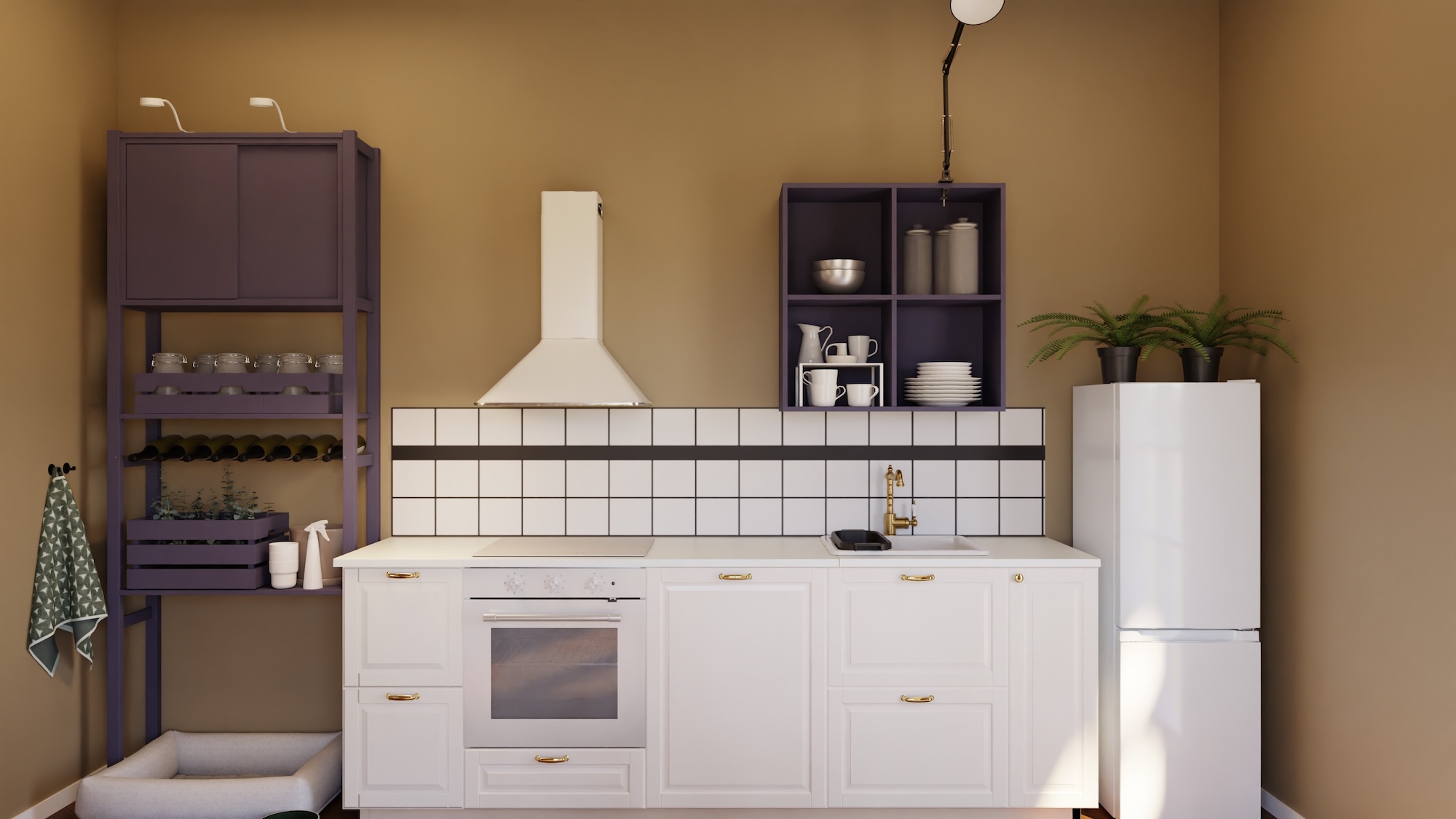 METOD kitchen with off-white fronts and white/laminate worktop, including appliances, showing kitchen from 3 different angles with examples of how to utilise kitchen storage.