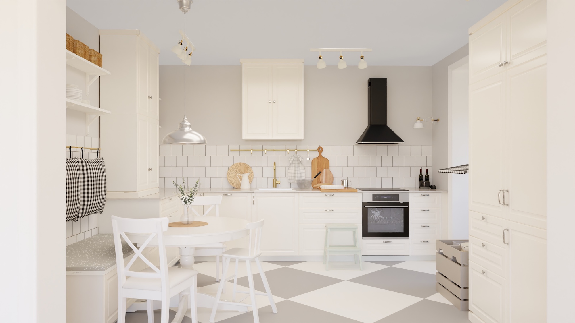 Cuisine METOD avec façades blanc cassé, plan de travail blanc marbré/stratifié et électroménagers inclus, présentée sous trois angles différents avec des exemples d’utilisation des rangements de la cuisine.