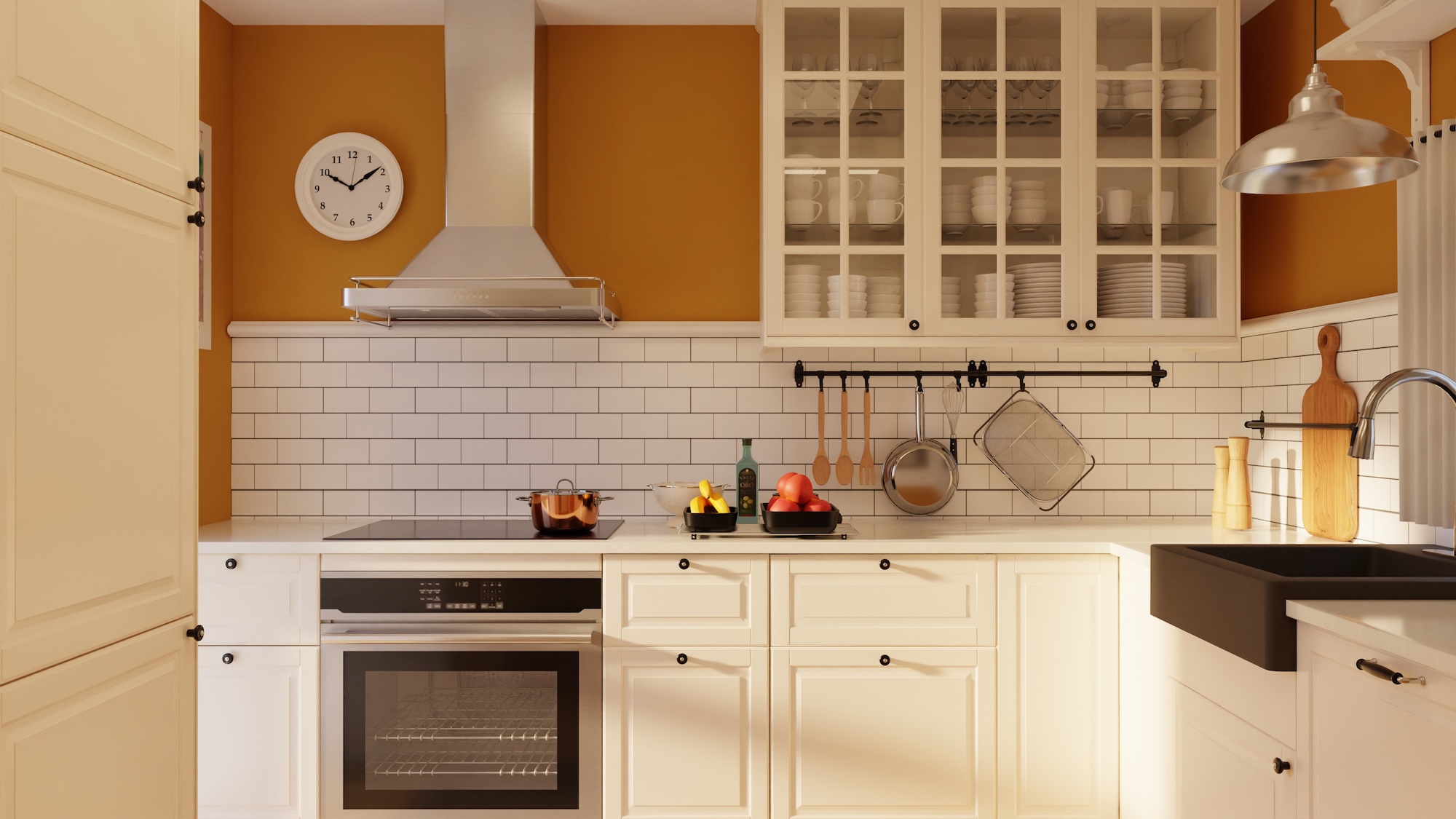 SEKTION kitchen with off-white fronts and light gray/white marble effect/glass composite worktop, including appliances, showing kitchen from 3 different angles with examples of how to utilise kitchen storage.