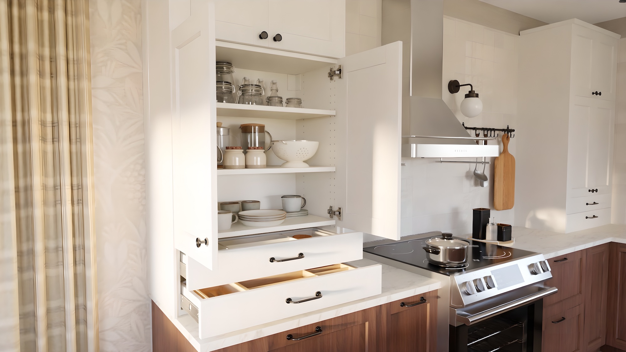 SEKTION kitchen with brown walnut effect fronts and white lively marble effect/laminate countertop, including appliances, showing kitchen from 3 different angles with examples of how to utilise kitchen storage.