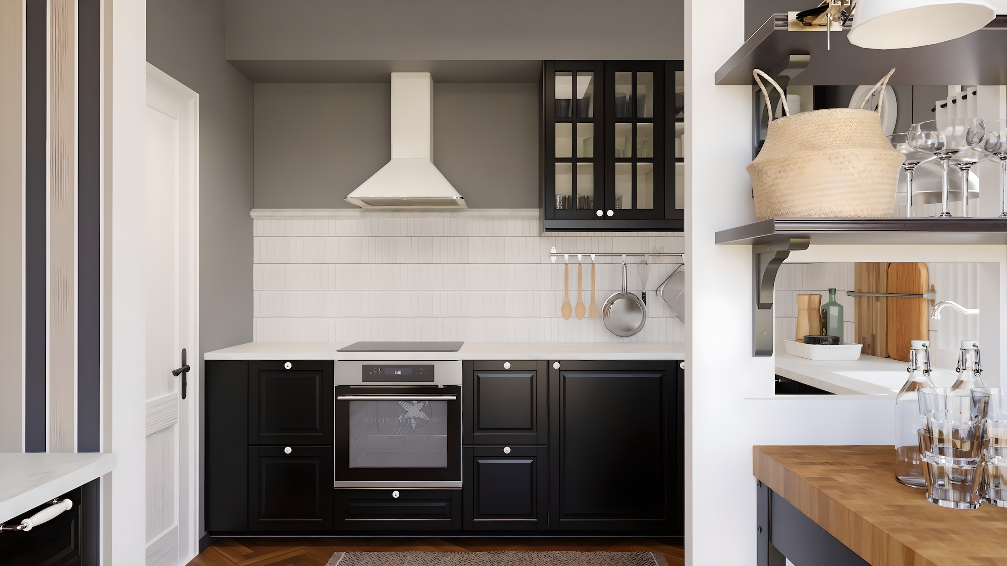 Cuisine METOD avec façades noir, plan de travail blanc marbré/stratifié et électroménagers inclus, présentée sous trois angles différents avec des exemples d’utilisation des rangements de la cuisine.