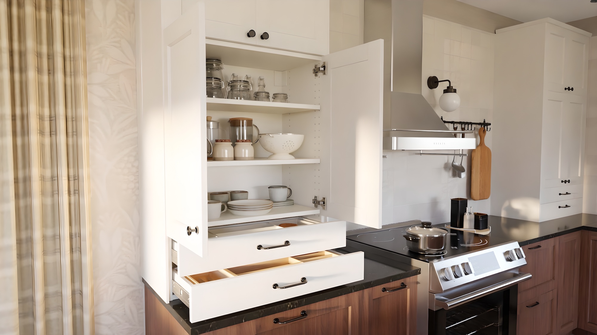 SEKTION kitchen with brown walnut effect fronts and black marble effect/glass composite worktop, including appliances, showing kitchen from 3 different angles with examples of how to utilise kitchen storage.