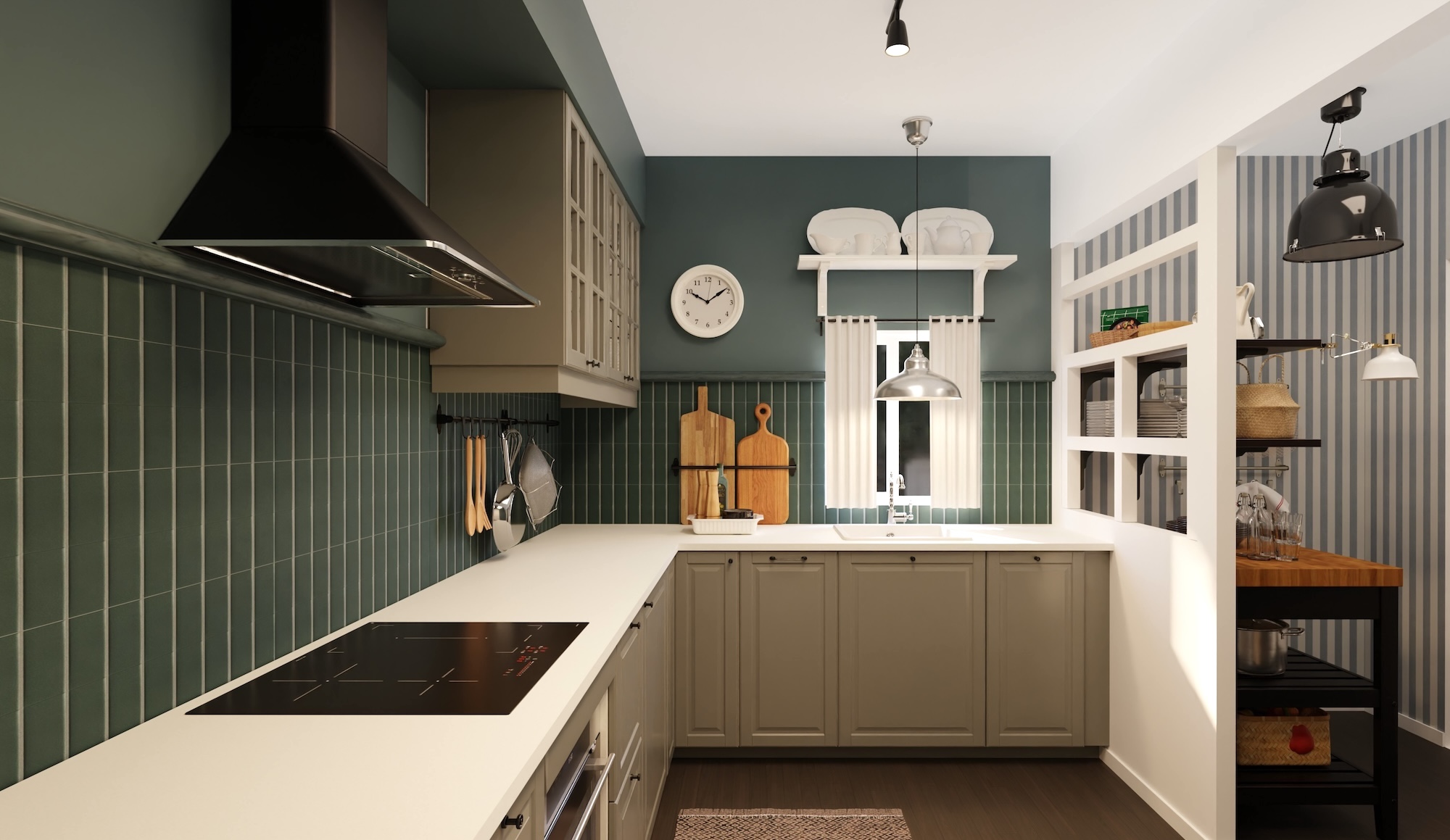 METOD kitchen with grey fronts and white marble effect/laminate worktop, including appliances, showing kitchen from 3 different angles with examples of how to utilise kitchen storage.