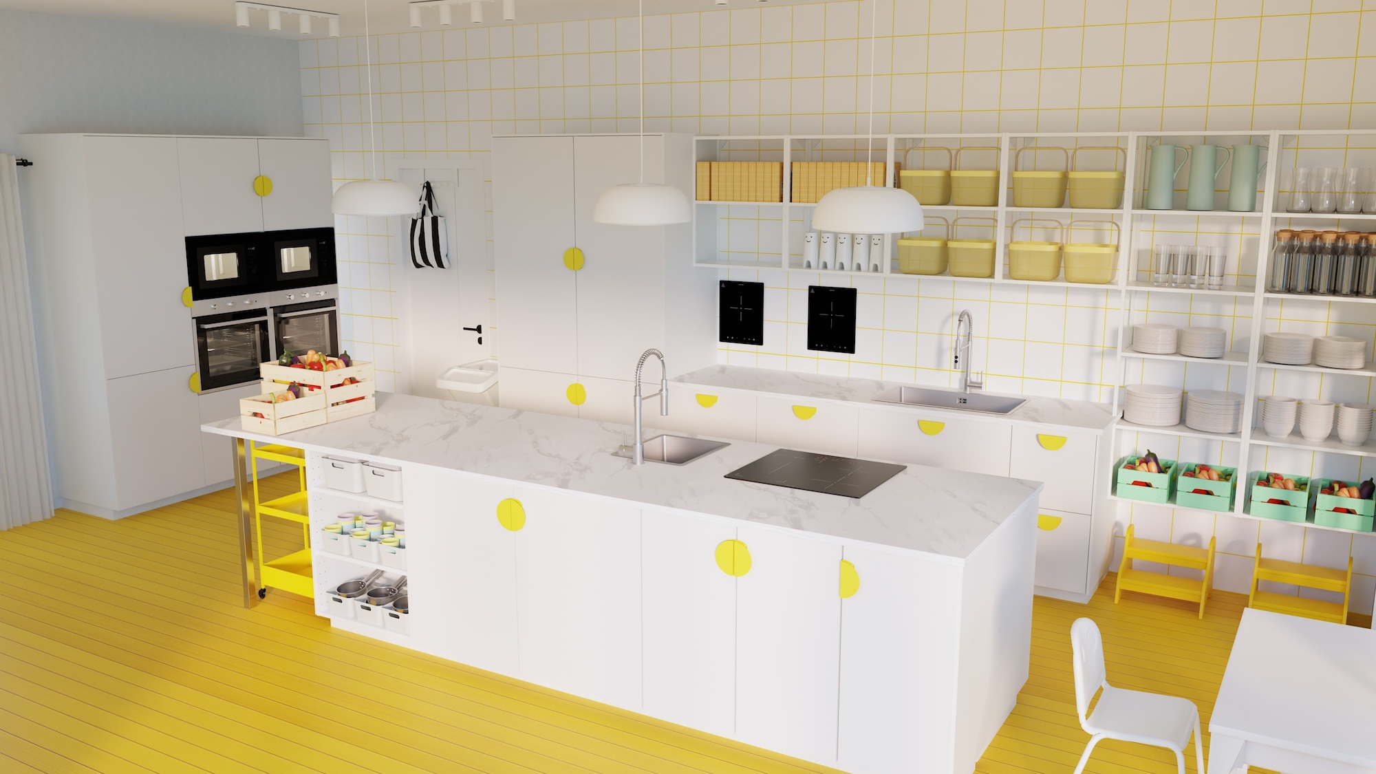 Cucina METOD con frontali bianco e piano di lavoro bianco effetto marmo/laminato, con elettrodomestici. La cucina è mostrata da 3 diverse angolazioni, con esempi su come organizzare gli spazi.