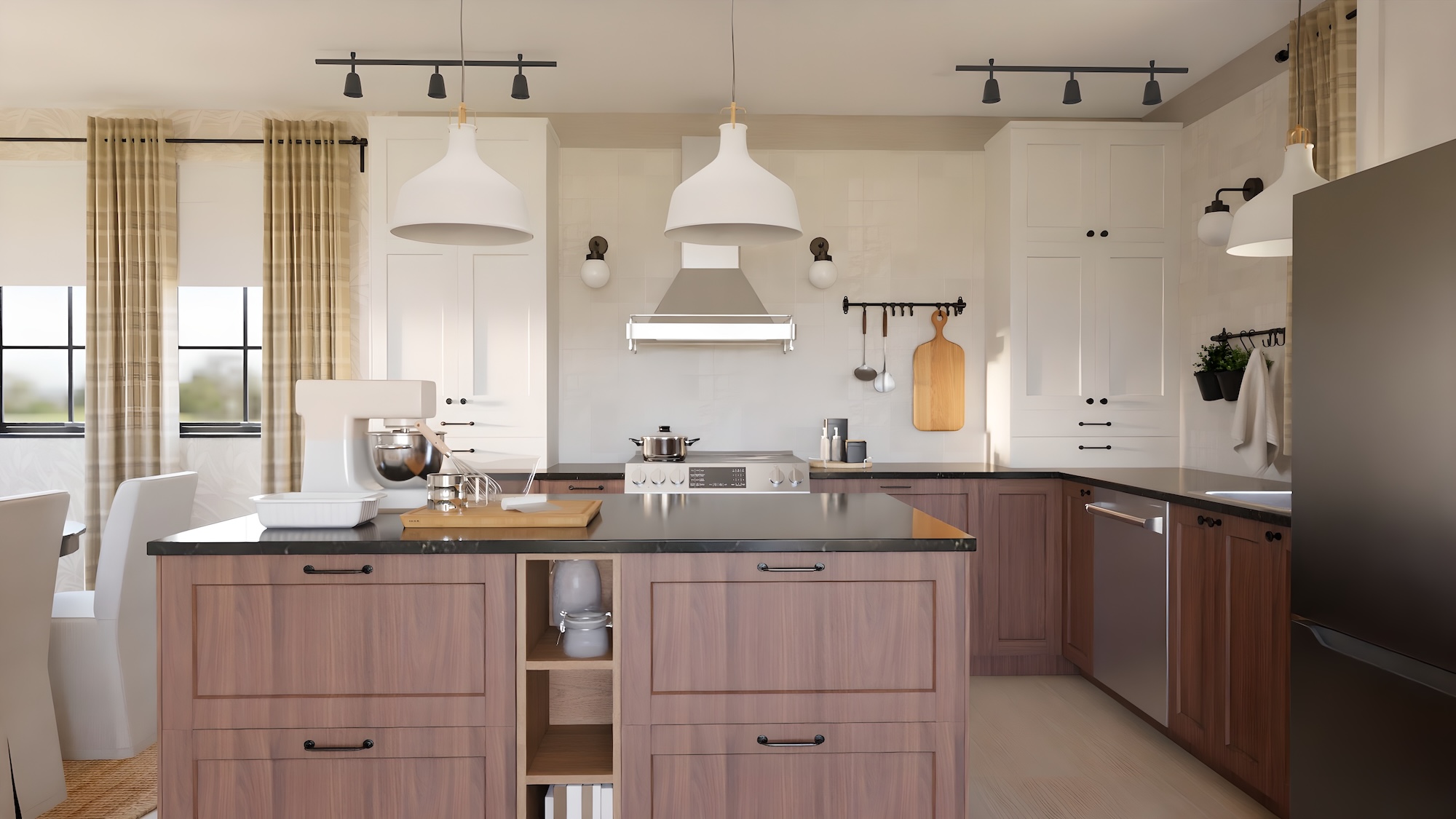 SEKTION kitchen with brown walnut effect fronts and black marble effect/glass composite worktop, including appliances, showing kitchen from 3 different angles with examples of how to utilise kitchen storage.