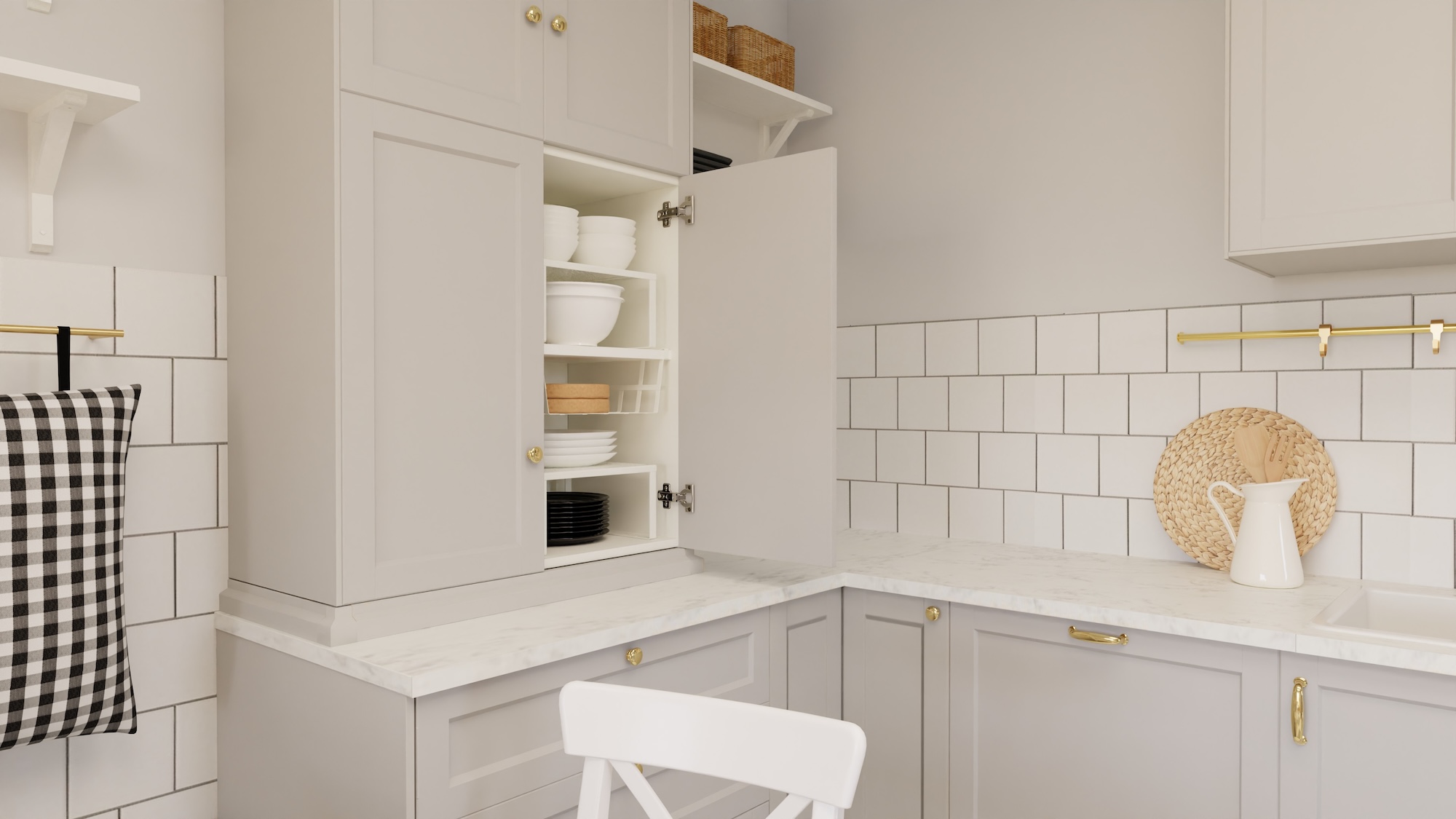 METOD kitchen with lys grå fronts and hvit marmormønstret/laminat worktop, including appliances, showing kitchen from 3 different angles with examples of how to utilise kitchen storage.