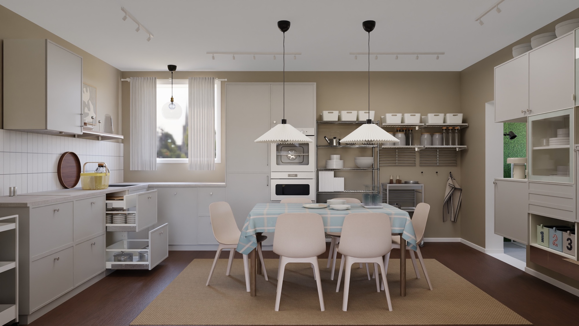 METOD kitchen with white wood effect fronts and oak/veneer benchtop, including appliances, showing kitchen from 3 different angles with examples of how to utilise kitchen storage.