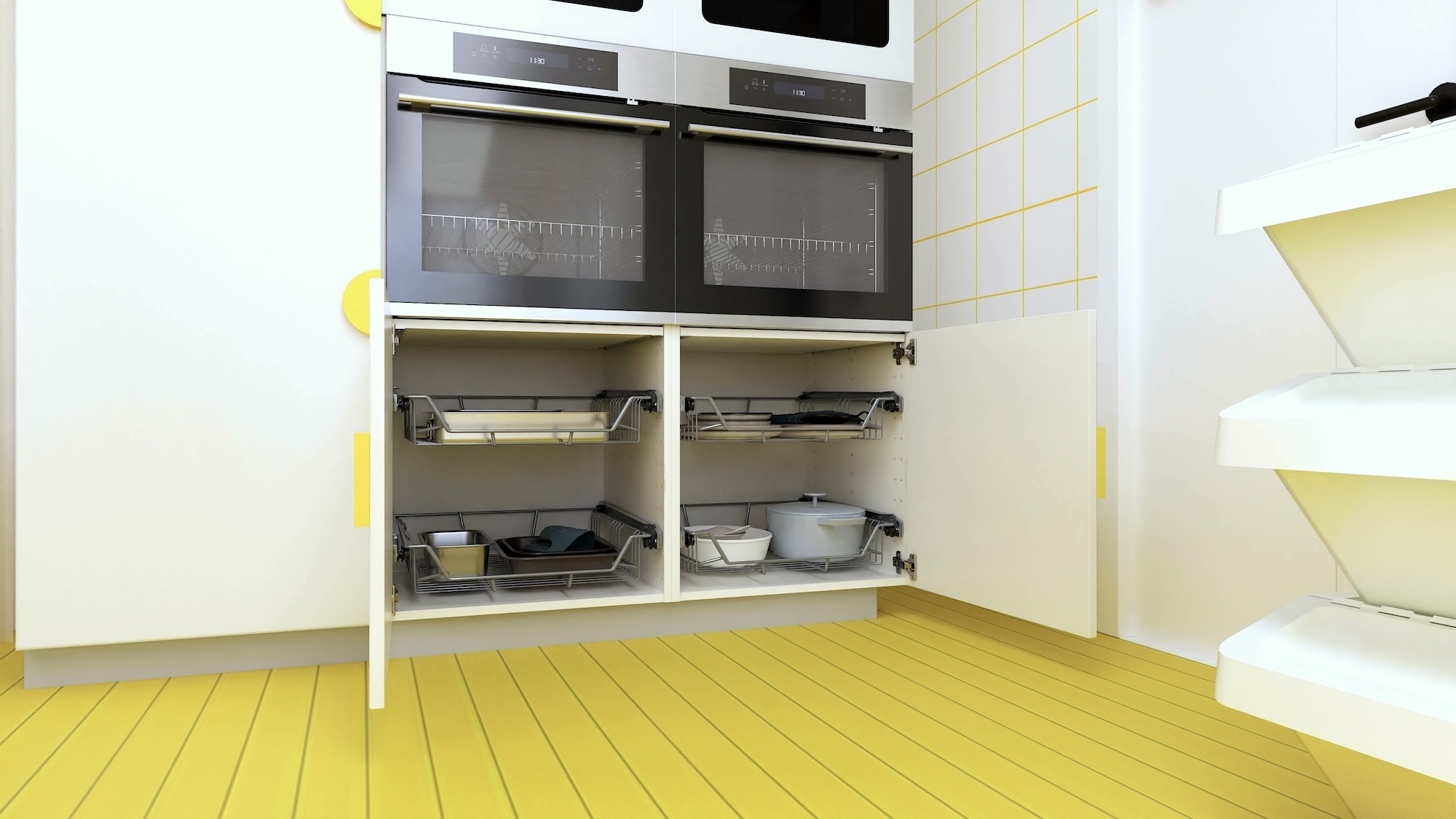 METOD kitchen with white fronts and white marble effect/laminate worktop, including appliances, showing kitchen from 3 different angles with examples of how to utilise kitchen storage.