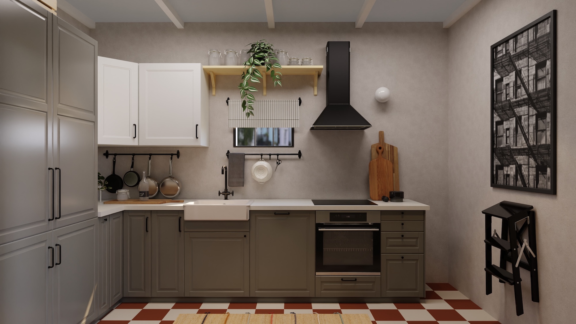 METOD 메토드 kitchen with 그레이 fronts and 화이트/라이트그레이 스톤 효과/라미네이트 worktop, including appliances, showing kitchen from 3 different angles with examples of how to utilise kitchen storage.