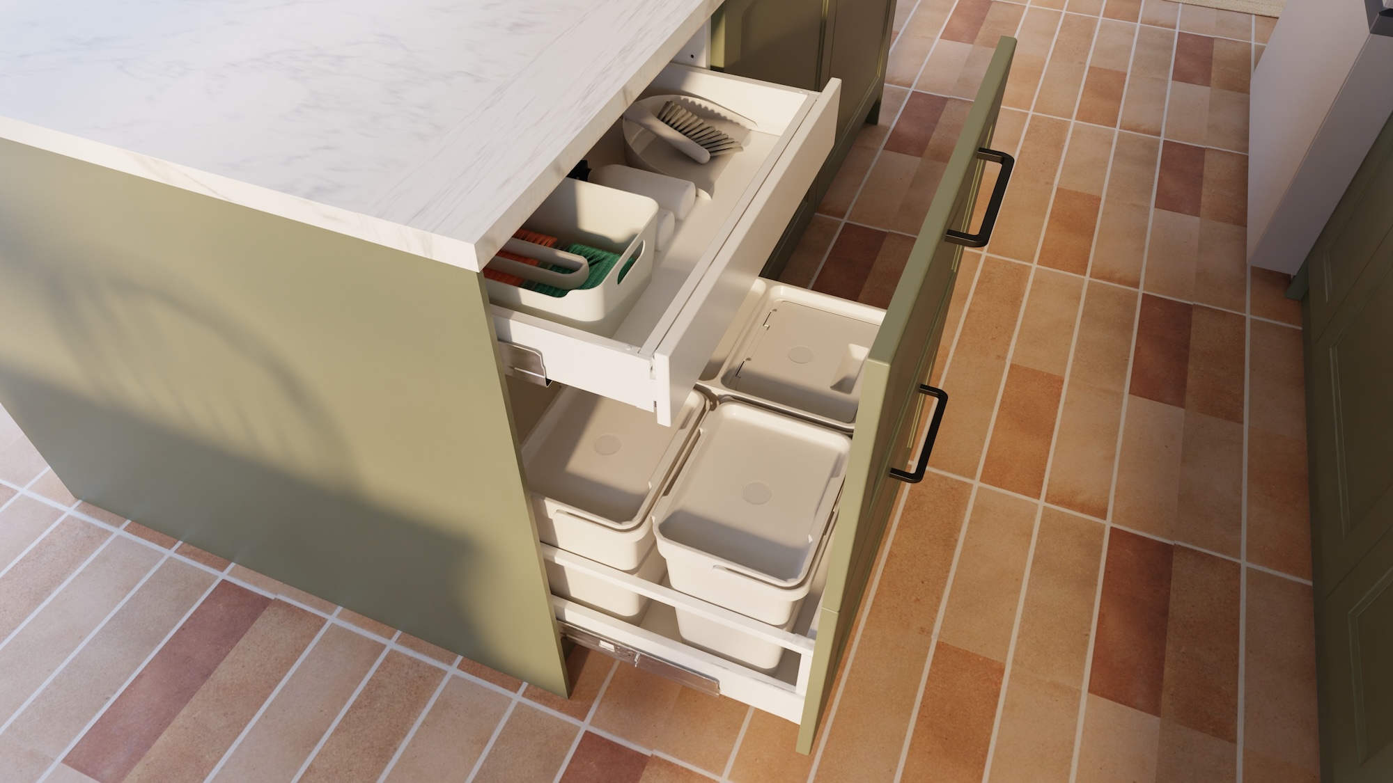 SEKTION kitchen with gray-green fronts and white lively marble effect/laminate countertop, including appliances, showing kitchen from 3 different angles with examples of how to utilise kitchen storage.