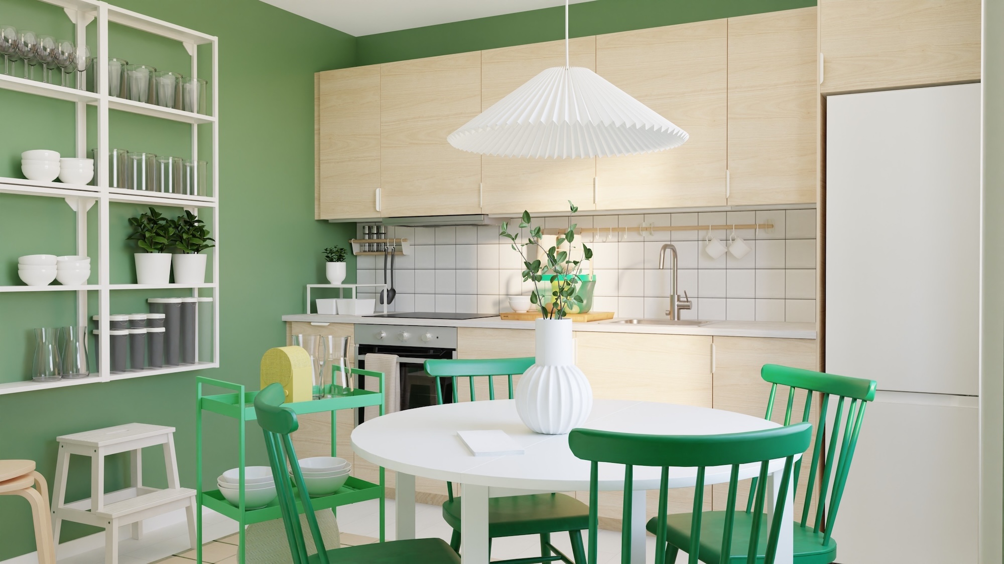 라이트물푸레무늬목 앞판과 라이트그레이 콘크리트 효과/라미네이트 조리대, 가전제품이 포함된 METOD 메토드주방 - 주방 수납 활용 예시와 함께 세 가지 각도에서 주방을 살펴 보세요.