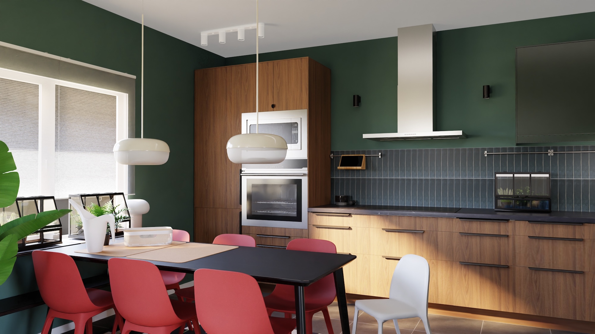 SEKTION kitchen with brown walnut effect fronts and dark gray stone effect/laminate worktop, including appliances, showing kitchen from 3 different angles with examples of how to utilise kitchen storage.