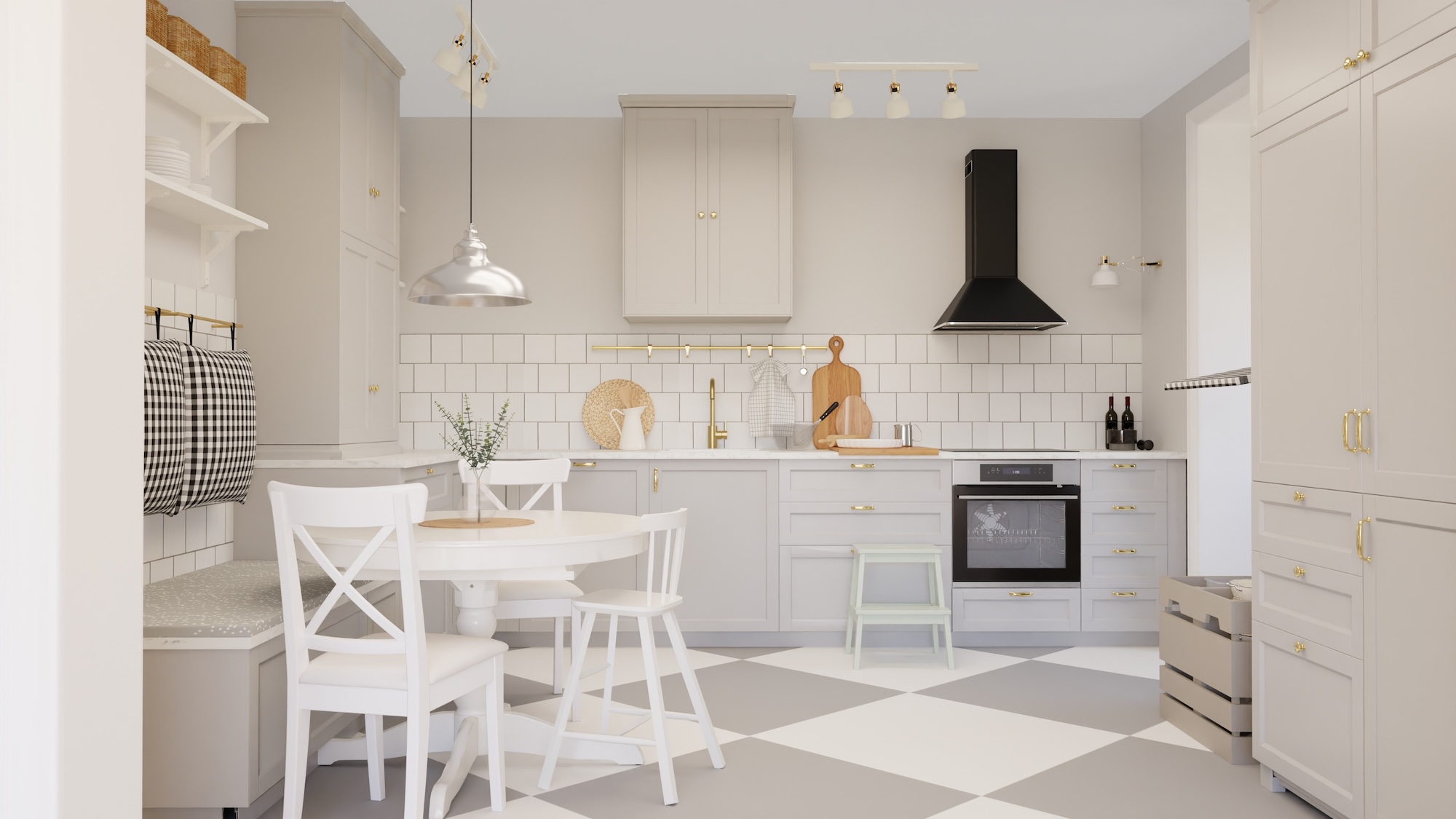 METOD kitchen with lys grå fronts and hvit marmormønstret/laminat worktop, including appliances, showing kitchen from 3 different angles with examples of how to utilise kitchen storage.
