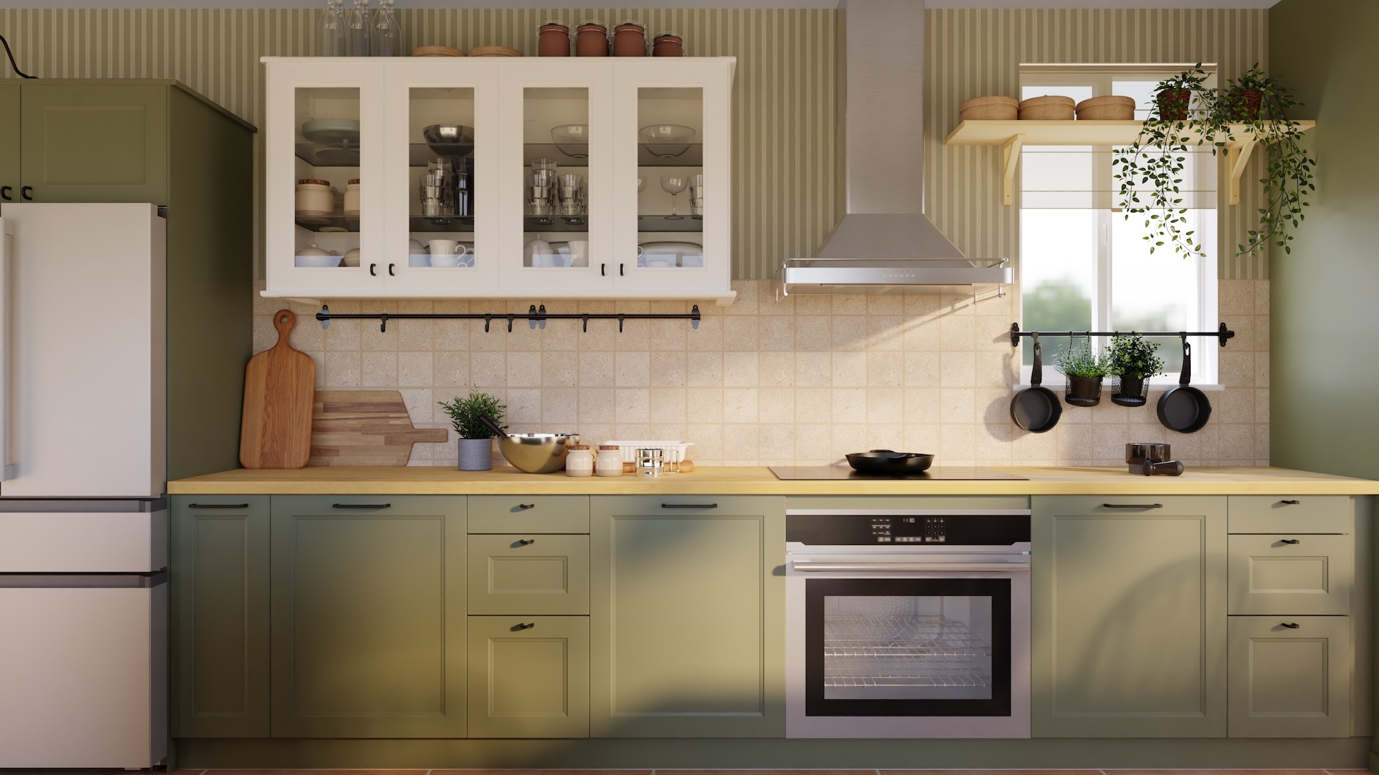 SEKTION kitchen with gray-green fronts and birch/veneer worktop, including appliances, showing kitchen from 3 different angles with examples of how to utilise kitchen storage.