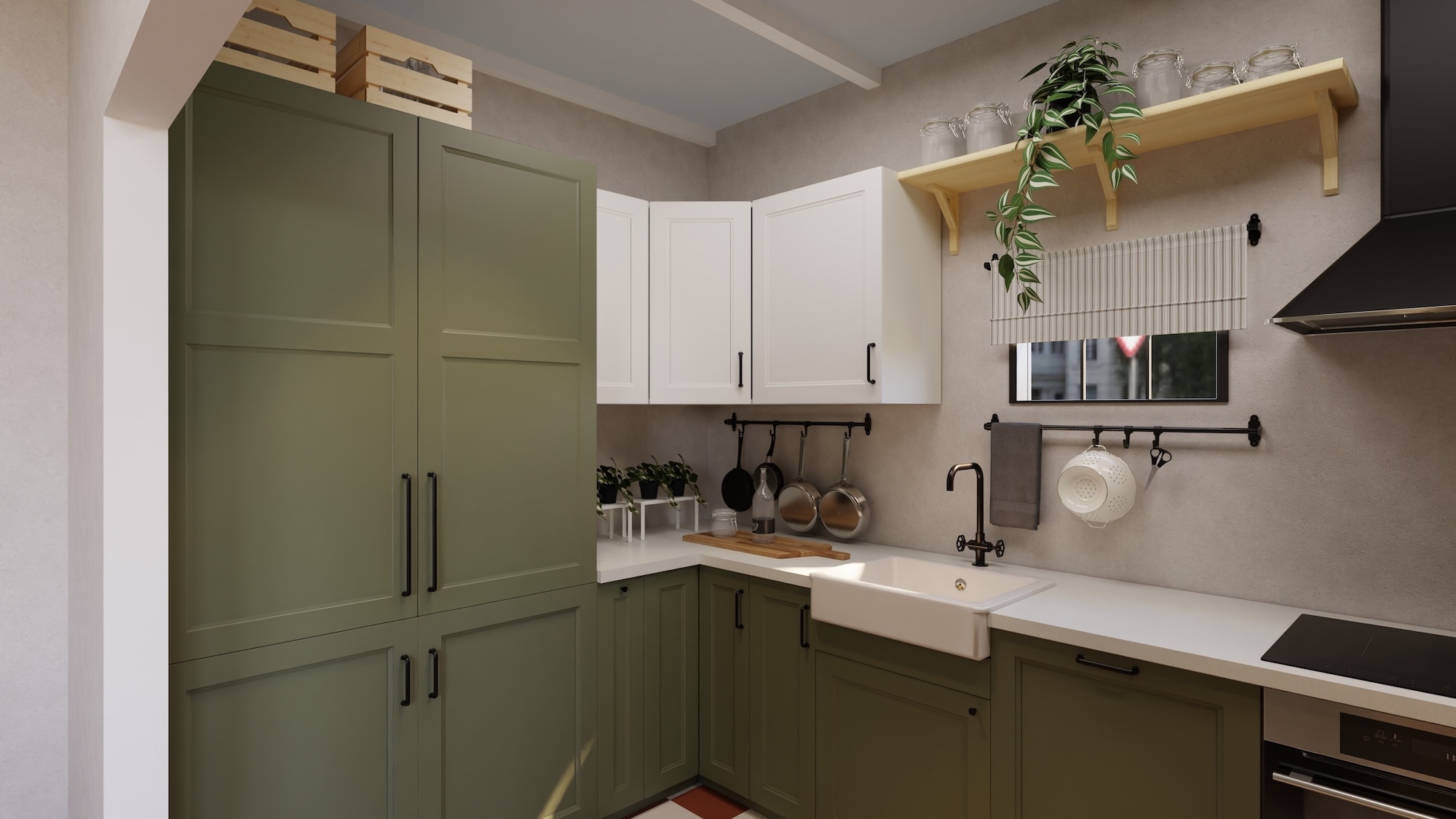 METOD kitchen with grey-green fronts and white/light grey stone effect/laminate worktop, including appliances, showing kitchen from 3 different angles with examples of how to utilise kitchen storage.