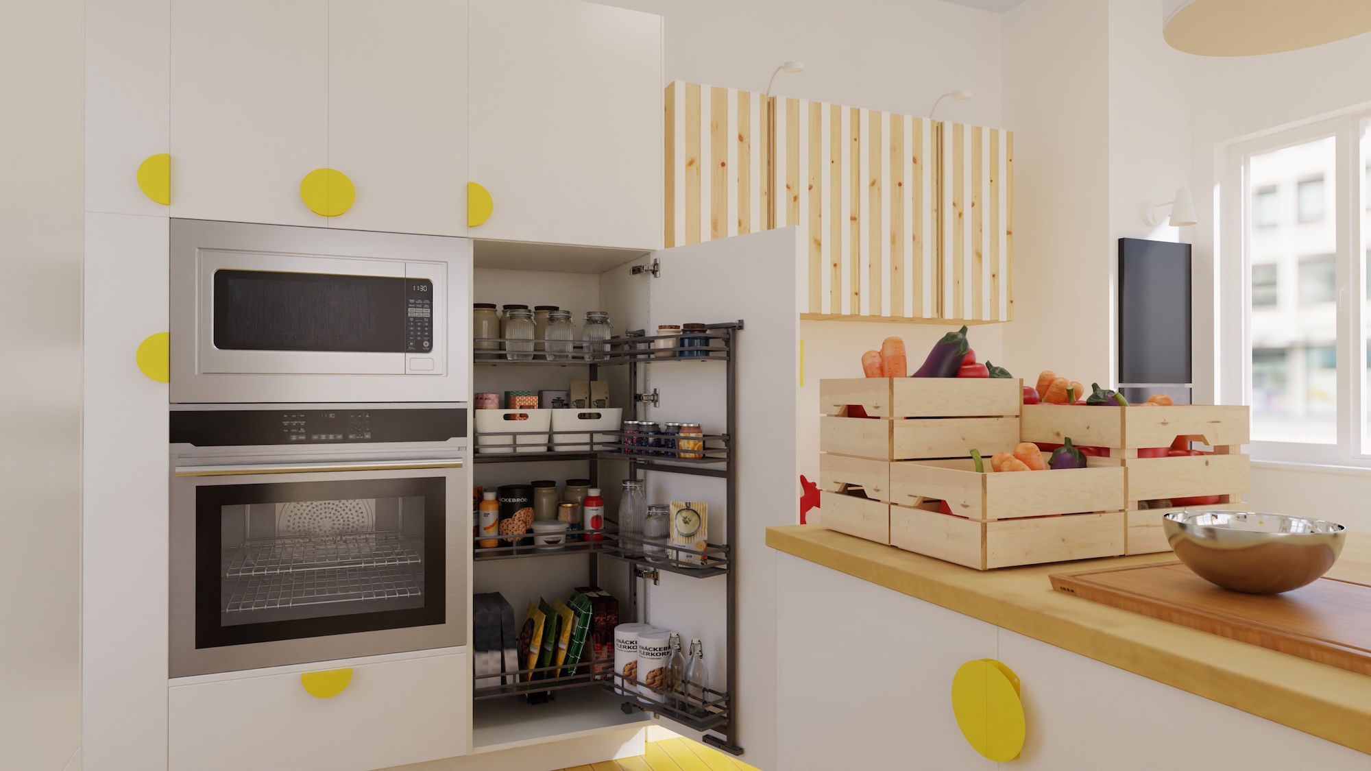 SEKTION kitchen with white fronts and birch/veneer worktop, including appliances, showing kitchen from 3 different angles with examples of how to utilise kitchen storage.
