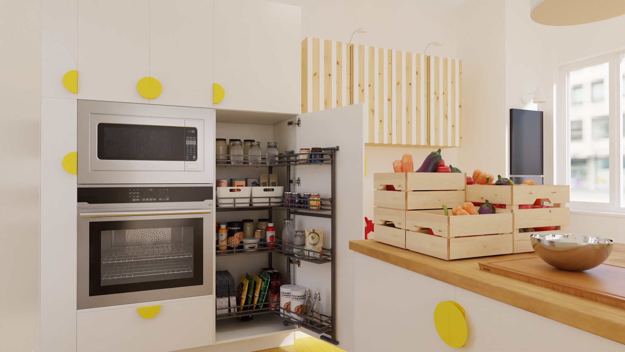 SEKTION kitchen with white fronts and oak/veneer worktop, including appliances, showing kitchen from 3 different angles with examples of how to utilise kitchen storage.