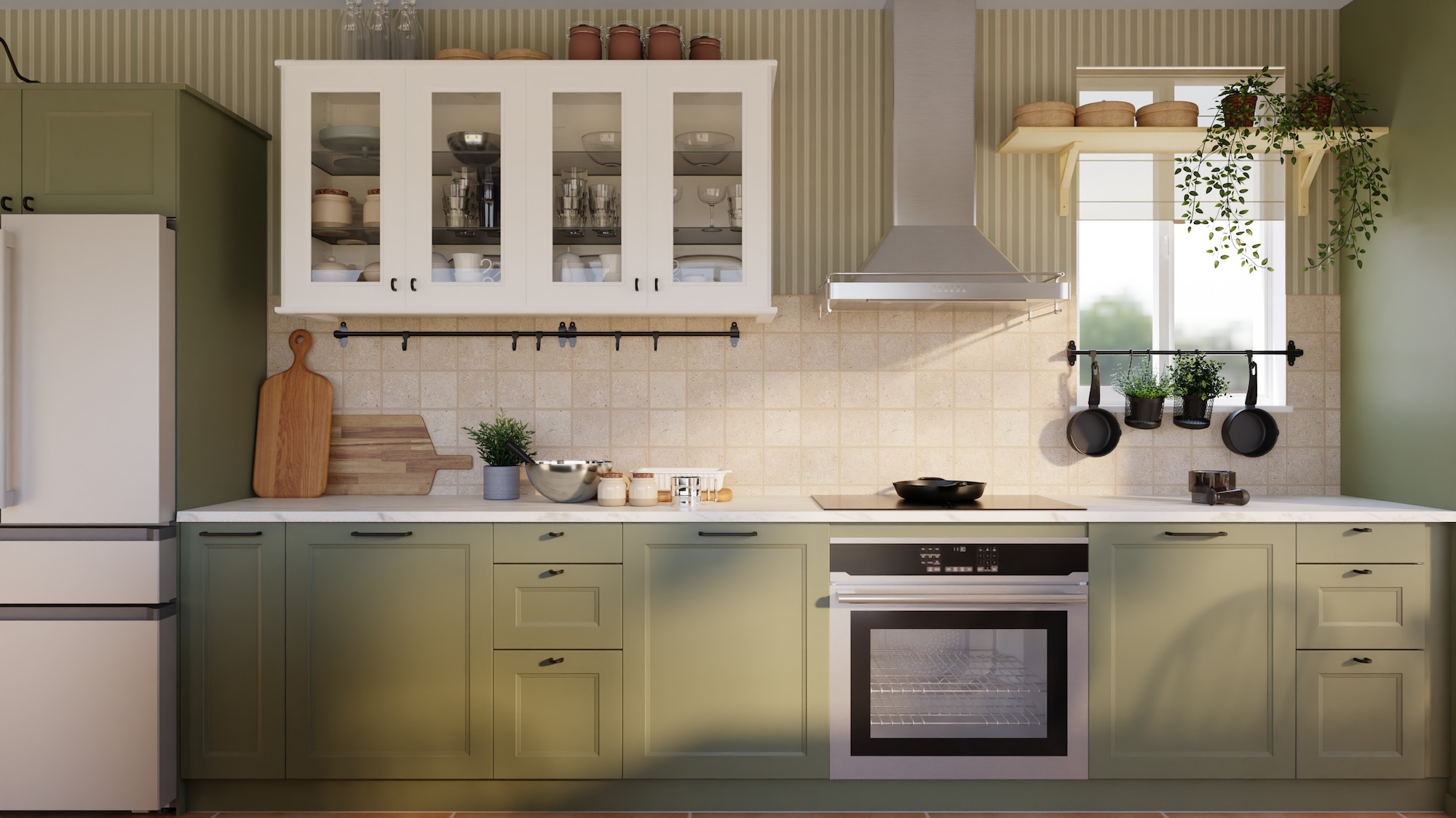 SEKTION kitchen with gray-green fronts and white lively marble effect/laminate countertop, including appliances, showing kitchen from 3 different angles with examples of how to utilise kitchen storage.