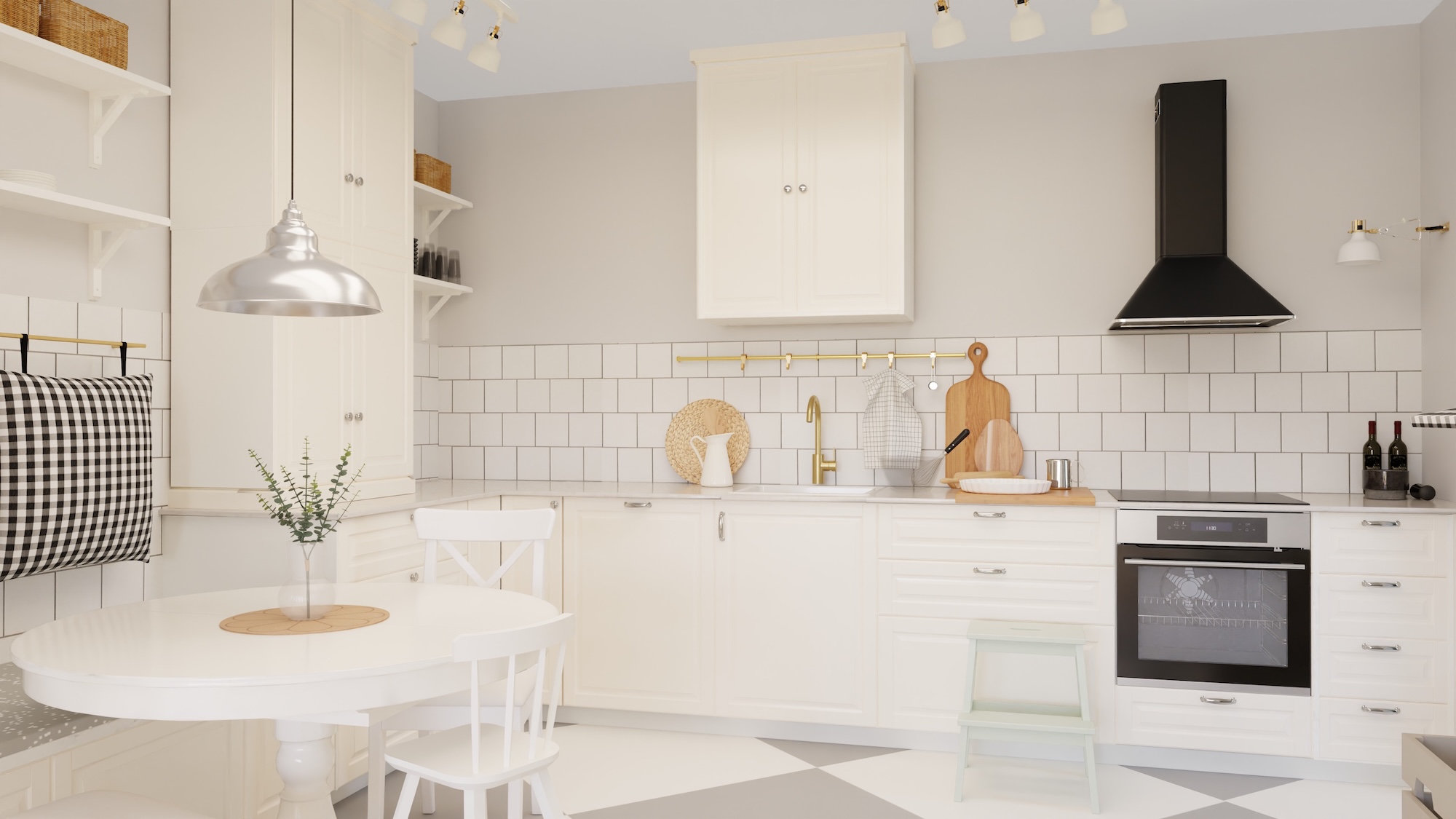 Cuisine METOD avec façades blanc cassé, plan de travail blanc marbré/stratifié et électroménagers inclus, présentée sous trois angles différents avec des exemples d’utilisation des rangements de la cuisine.