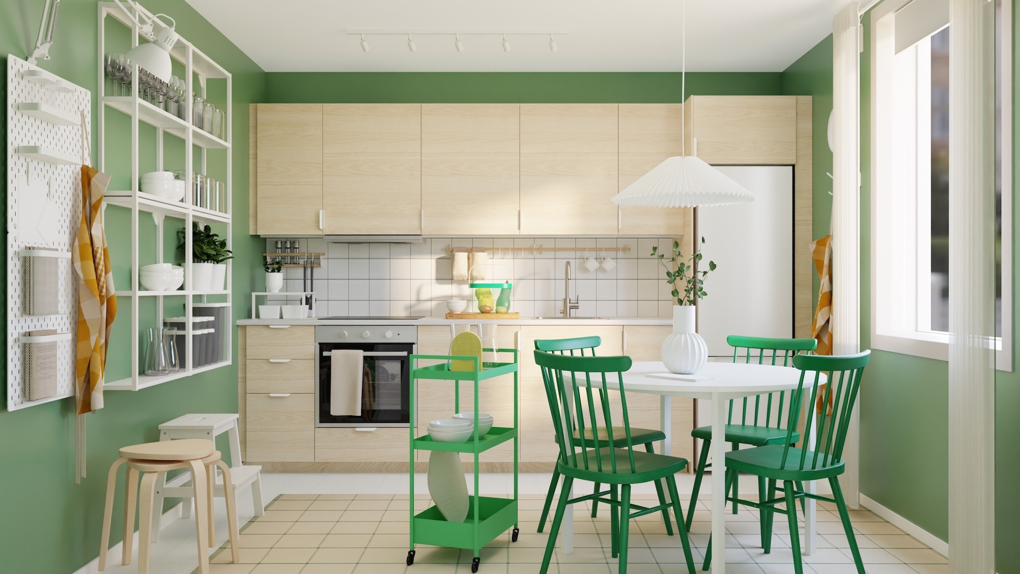 라이트물푸레무늬목 앞판과 라이트그레이 콘크리트 효과/라미네이트 조리대, 가전제품이 포함된 METOD 메토드주방 - 주방 수납 활용 예시와 함께 세 가지 각도에서 주방을 살펴 보세요.