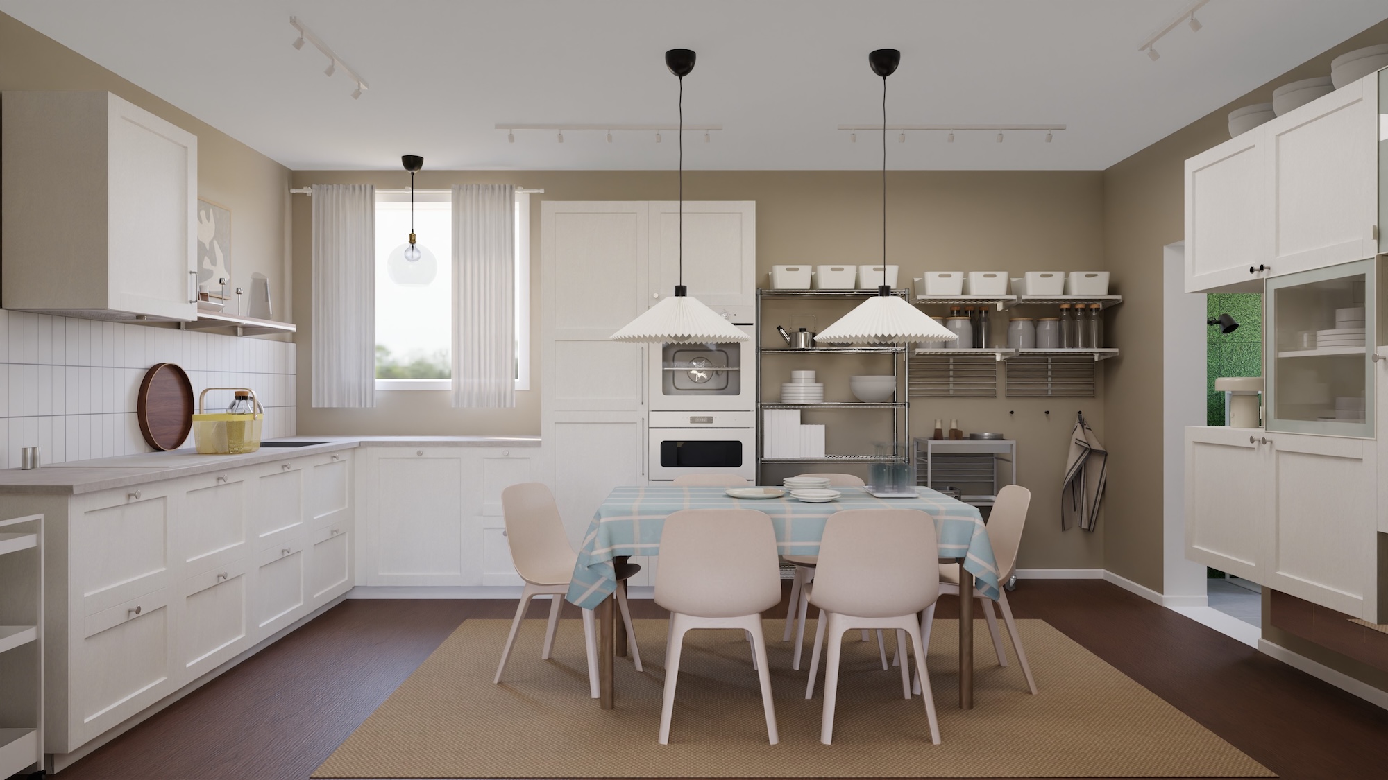 METOD kuhinja s frontama (bijela efekt drva) i radnom pločom (svijetlo siva efekt betona/laminat), uključujući uređaje. Kuhinja se prikazuje iz tri različita kuta s primjerima kako iskoristiti kuhinjski prostor za odlaganje.